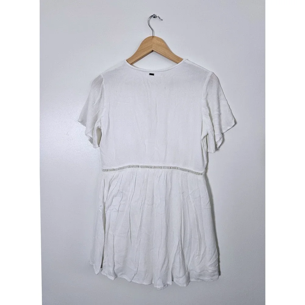 O'Neill White Gauze Mini Dress L Lace Trim Boho Beach Coverup Tassel Coastal - Picture 3 of 7